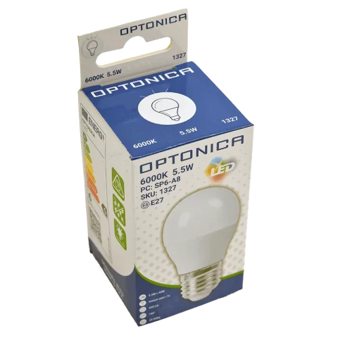 E27 LED Izzó 5,5W 6000K hideg fehér kisgömb G45 Optonica 1327