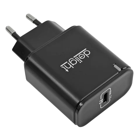 Hálózati töltő adapter USB-C PD telefon gyorstöltő adapter 5,9,12V 1,67 - 3A fekete Delight 55046BK