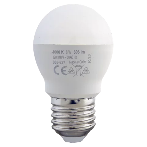 E27 LED Izzó 8W 4000K természetes fehér kisgömb 806lm G45 Commel 305-827
