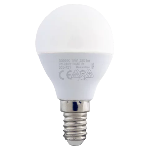 E14 LED Izzó 3W 3000K meleg fehér kisgömb 250lm G45 Commel 305-721
