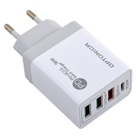 Hálózati gyorstöltő adapter 3xUSB-A 1xUSB-C PD 20W telefon töltő adapter 36W Fehér Optonica 9511