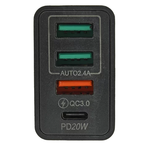 Hálózati gyorstöltő adapter 3xUSB-A 1xUSB-C PD 20W telefon töltő adapter 36W Fekete Optonica 9510