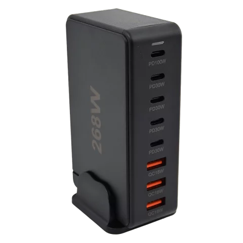 Hálózati gyorstöltő állomás 3x USB-A 5x USB-C PD töltő adapter 268W Fekete Tracon USB3A5C