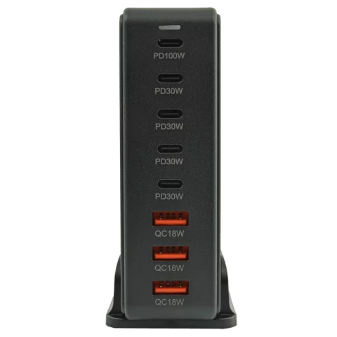 Hálózati gyorstöltő állomás 3x USB-A 5x USB-C PD töltő adapter 268W Fekete Tracon USB3A5C