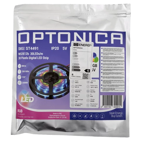 Digitális Led Szalag Beltéri RGB SMD WS2812b 30LED 8W/m 5V 600lm Optonica 4491