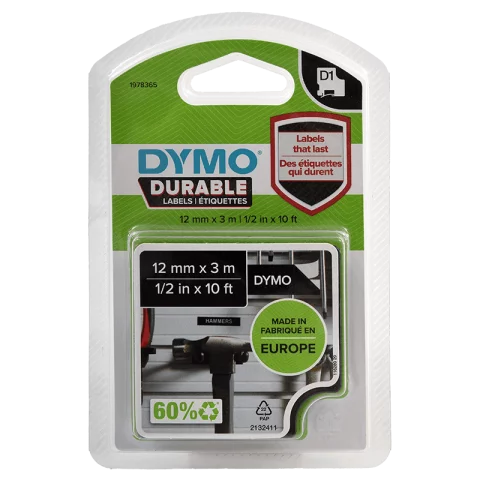 DYMO D1 kazetta Vinyl 12mmx3m fehér/fekete Dymo ID1
