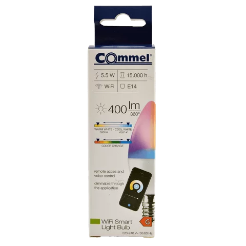 Wifi okos Led izzó RGB 5,5W 3000-6500K E14 gyertya 400lm 2,4Ghz Commel 305-702