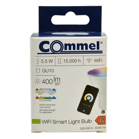 Wifi okos Led izzó RGB 5,5W 3000-6500K GU10 spot 400lm 2,4Ghz Commel 305-703