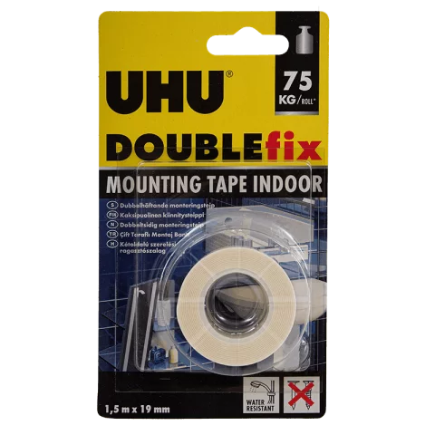 Kétoldalú ragasztószalag 19mm x1,5m Ultraerős vízálló kétoldalas ragasztószalag UHU Doublefix U46855