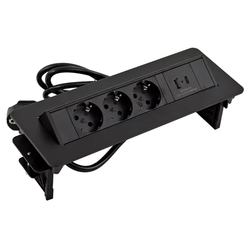 Hálózati Hosszabbító 3-as elosztó + USB-A + USB-C 2m kábel Rejtett elosztó Fekete Commel 235-102