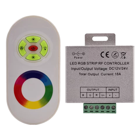 Led Szalag Vezérlő RGB 216W 12-24V Gombos-érintőgombos távirányítóval Fehér Avide