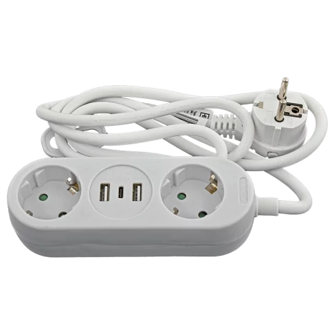 Hálózati Hosszabbító 2-es elosztó + 2x USB-A és USB-C 1,4m vezeték fehér Emos P02214E