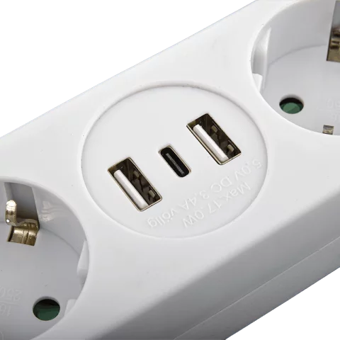 Hálózati Hosszabbító 2-es elosztó + 2x USB-A és USB-C 1,4m vezeték fehér Emos P02214E