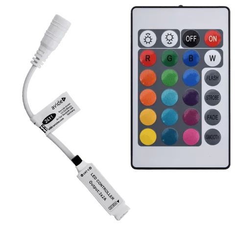 Led Szalag Vezérlő RGB 72W 5-24V Infra 24 gombos távirányító Avide ABLS12V24KRGB-72W-IRC