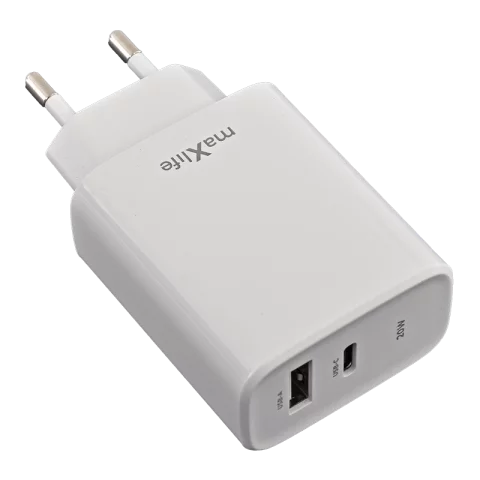 Hálózati gyorstöltő adapter 1xUSB-A 1xUSB-C PD 20W telefon töltő adapter fehér MAXLIFE MXTC-10-20AC