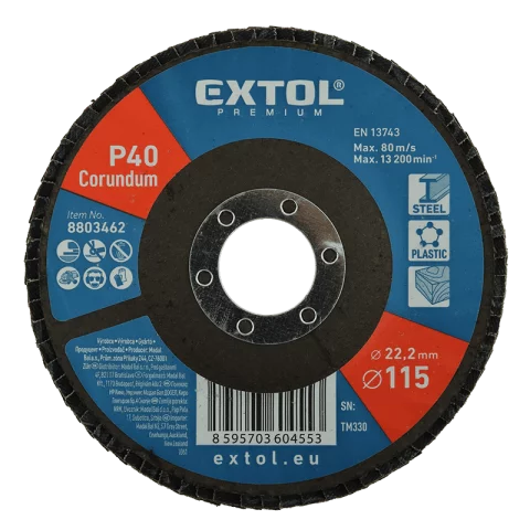 Lamellás csiszolókorong 115x22,2mm P40 Lamellás korong Acél Alu Műanyag és Fa csiszoló Extol Premium