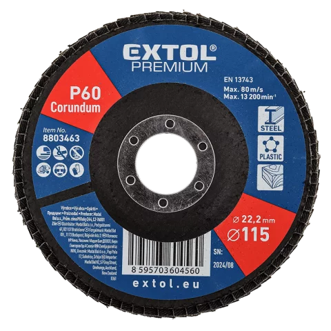 Lamellás csiszolókorong 115x22,2mm P60 Lamellás korong Acél Alu Műanyag és Fa csiszoló Extol Premium