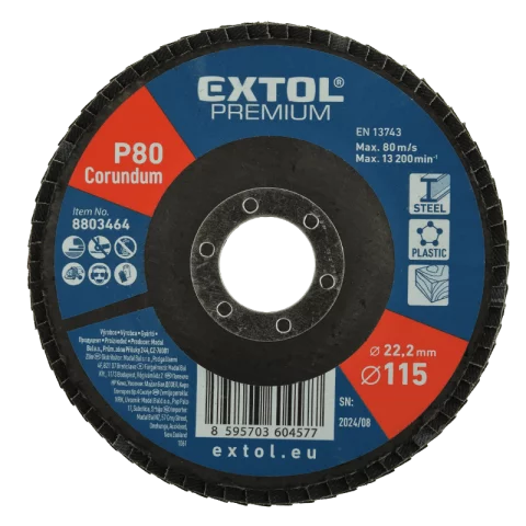Lamellás csiszolókorong 115x22,2mm P80 Lamellás korong Acél Alu Műanyag és Fa csiszoló Extol Premium