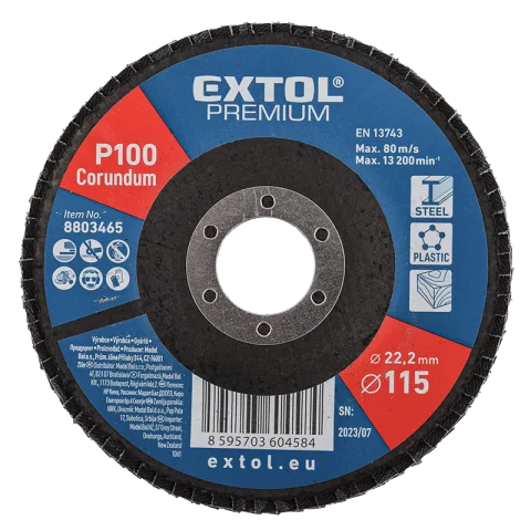 Lamellás csiszolókorong 115x22,2mm P100 Lamellás korong Acél Alu Műanyag Fa csiszoló Extol Premium