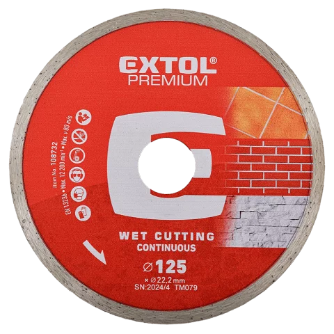 Gyémánt csempevágó korong 125x2x22,2mm Sima vizes vágó 12.250RPM Extol Premium