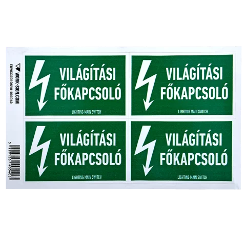 Figyelmeztető Matrica Öntapadós "Világítási főkapcsoló" 100x60mm 4db/ ív