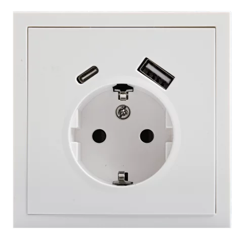 Commel Adria Dugalj 2P+F +USB-A+C töltő aljzat konnektor süllyesztett csavaros kerettel fehér