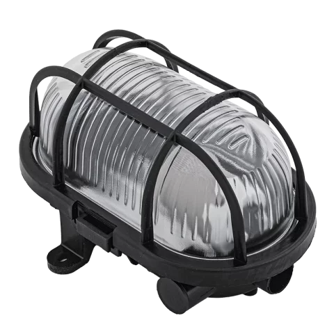 Hajólámpa E27 60W IP54 műanyag házas fekete ovál Rácsos hajólámpa Commel 331-111