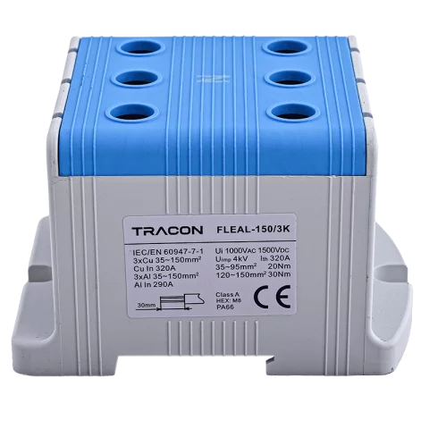 Fővezetéki leágazó sorkapocs 150 mm2 Kék sínre szerelhető Tracon FLEAL-150/3K