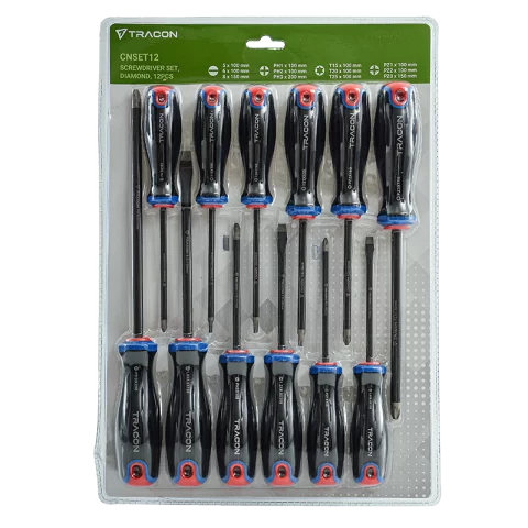 Csavarhúzó készlet 12db-os (PH1-2-3, PZ1-2-3, T15-20-25, 5x6x100, 8x150) Tracon Diamond CNSET12