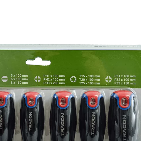 Csavarhúzó készlet 12db-os (PH1-2-3, PZ1-2-3, T15-20-25, 5x6x100, 8x150) Tracon Diamond CNSET12