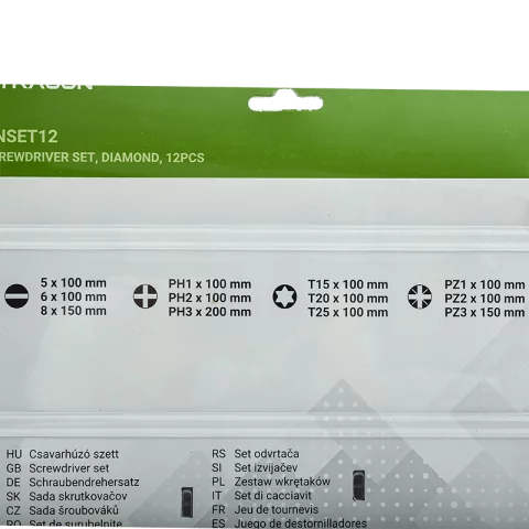 Csavarhúzó készlet 12db-os (PH1-2-3, PZ1-2-3, T15-20-25, 5x6x100, 8x150) Tracon Diamond CNSET12