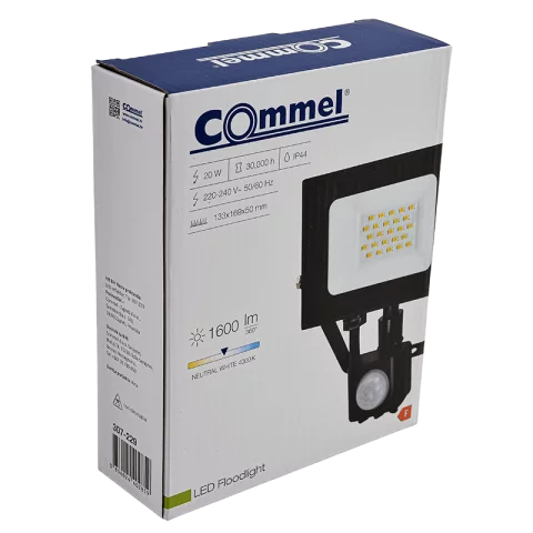 LED Reflektor Mozgásérzékelővel 20W 4000K természetes fehér 1600lm IP44 Fekete Commel 307-229