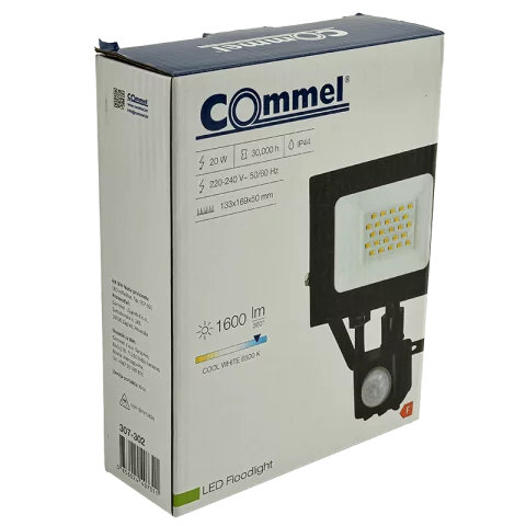 LED Reflektor Mozgásérzékelővel 20W 6500K hideg fehér 1600lm IP44 Fekete Commel 307-302