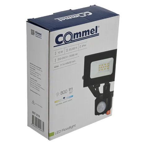 LED Reflektor Mozgásérzékelővel 10W 4000K természetes fehér 800lm IP44 Fekete Commel 307-219