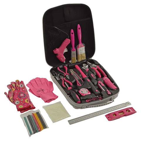 Női szerszámkészlet 68 darabos Rózsaszín Táskában Fogó Csavarhúzó Kalapács Lámpa Extol Lady 6593