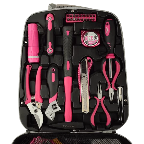 Női szerszámkészlet 68 darabos Rózsaszín Táskában Fogó Csavarhúzó Kalapács Lámpa Extol Lady 6593