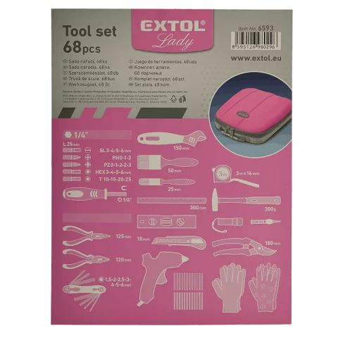 Női szerszámkészlet 68 darabos Rózsaszín Táskában Fogó Csavarhúzó Kalapács Lámpa Extol Lady 6593