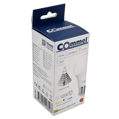 E27 LED izzó 12W 4000K természetes fehér MOZGÁSÉRZÉKELŐS izzó 1200lm A60 Commel 305-891