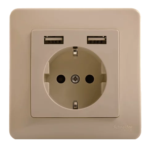 Schneider SEDNA Design Dugalj 2P+F + 2xUSB-A konnektor töltőaljzat csavaros bekötés bézs SDD112052