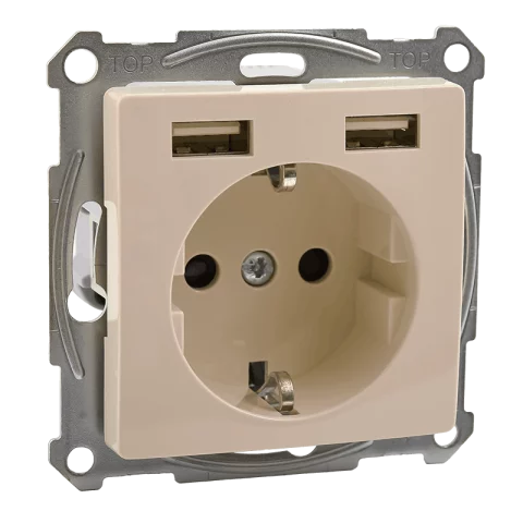 Schneider SEDNA Design Dugalj 2P+F + 2xUSB-A konnektor töltőaljzat csavaros bekötés bézs SDD112052