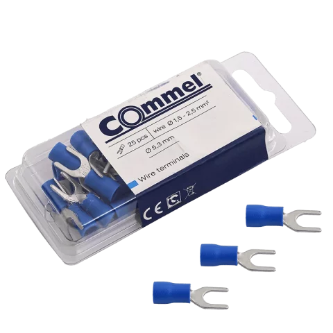 Szigetelt villás saru 2,5mm2 M5 kék 25db/csomag Commel 365-852
