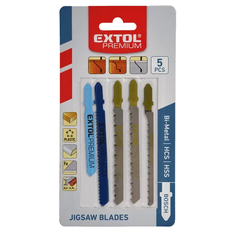 Dekopír fűrészlap készlet 5 típus Szúrófűrészlap szett Bosch befogás HSS HCS Bimetál Extol Premium