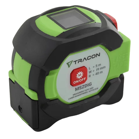 Lézeres távolságmérő és Mérőszalag 5m Autolock funkciós Digitális kijelzővel Tracon MSZDIG