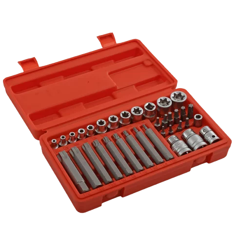 Dugókulcs és Bitfej TORX készlet 35db 1/4" és 3/8" E-TORX dugófej (E4–E20) TORX bitek T10 adapterek