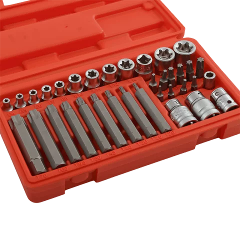 Dugókulcs és Bitfej TORX készlet 35db 1/4" és 3/8" E-TORX dugófej (E4–E20) TORX bitek T10 adapterek
