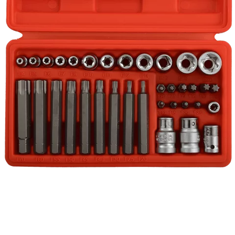 Dugókulcs és Bitfej TORX készlet 35db 1/4" és 3/8" E-TORX dugófej (E4–E20) TORX bitek T10 adapterek
