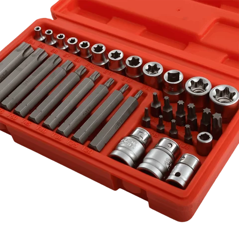 Dugókulcs és Bitfej TORX készlet 35db 1/4" és 3/8" E-TORX dugófej (E4–E20) TORX bitek T10 adapterek