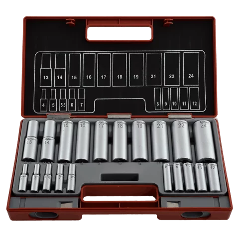 Hosszított dugófej készlet 20 darabos Műanyag kofferben 1/2" 13-24mm - 1/4" 4-12mm 61CrV5 Fortum