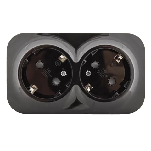 Falon kívüli dupla dugalj 2x2P+F Földelt csatlakozóaljzat GYV fekete konnektor Orno 7206B
