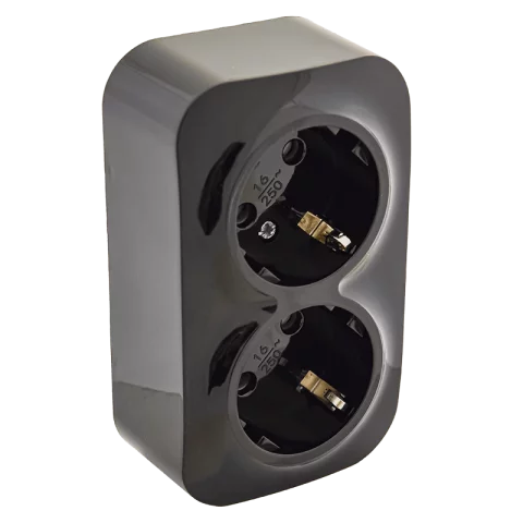 Falon kívüli dupla dugalj 2x2P+F Földelt csatlakozóaljzat GYV fekete konnektor Orno 7206B